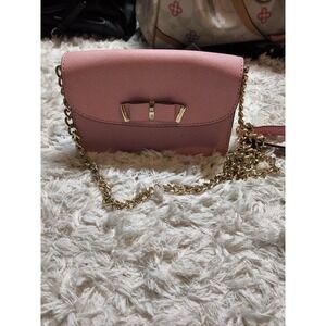 30.Michael Kors Pink Saffiano Leather Bow Crossbody Bag Gold Chain Strap Mini